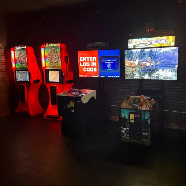 Arcade games in a dimly lit room, including two red dart machines and hunting games.