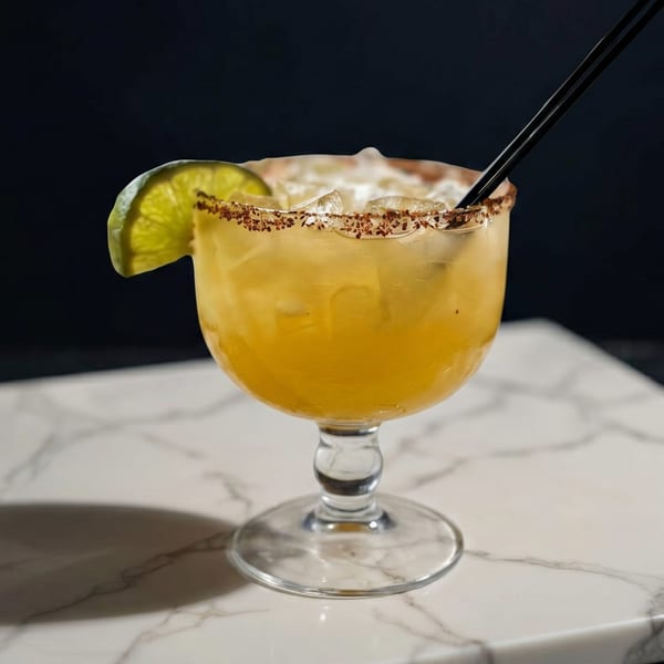 A margarita in a goblet glass with a chili-salt rim, lime wedge, ice, and two black straws.