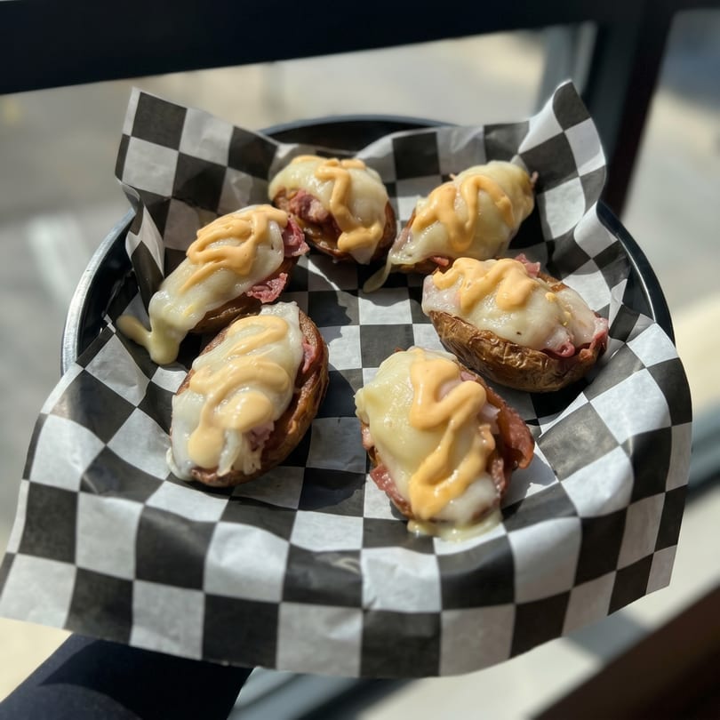Six loaded potato skins with melted cheese and sauce on checkered paper in a black basket.